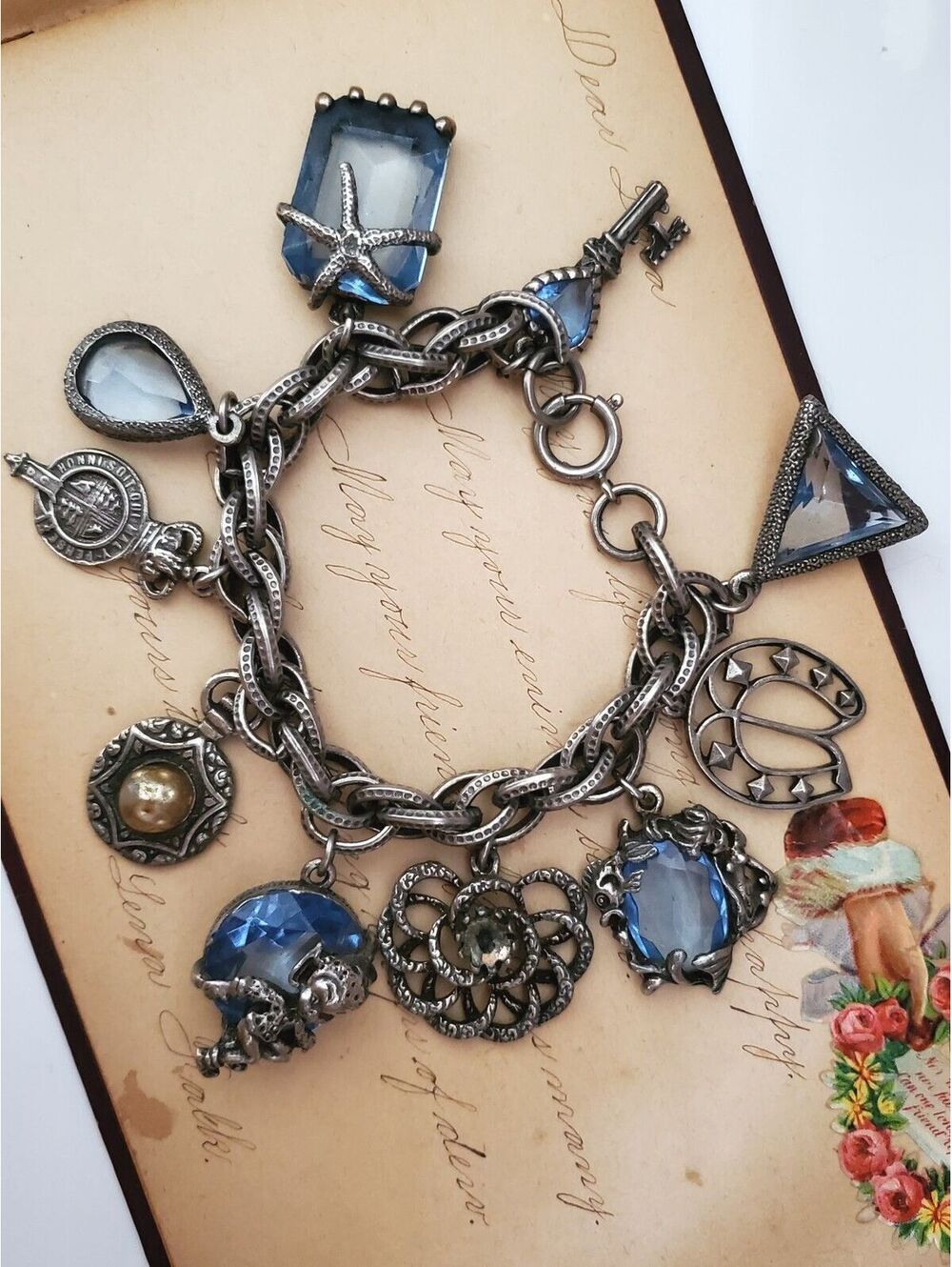 Vintage Silver Tone Chunky Pixie Fairy Light Blue Glass Crystal Charm Bracelet